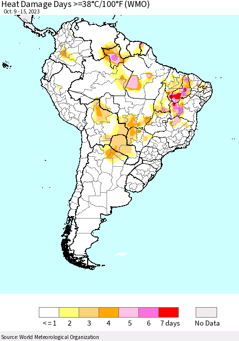 South America Heat Damage Days >=38°C/100°F (WMO) Thematic Map For 10/9/2023 - 10/15/2023