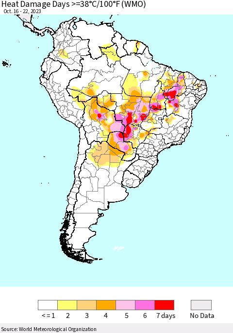 South America Heat Damage Days >=38°C/100°F (WMO) Thematic Map For 10/16/2023 - 10/22/2023