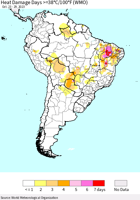 South America Heat Damage Days >=38°C/100°F (WMO) Thematic Map For 10/23/2023 - 10/29/2023