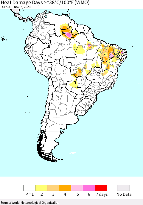 South America Heat Damage Days >=38°C/100°F (WMO) Thematic Map For 10/30/2023 - 11/5/2023