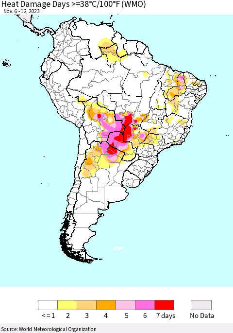 South America Heat Damage Days >=38°C/100°F (WMO) Thematic Map For 11/6/2023 - 11/12/2023