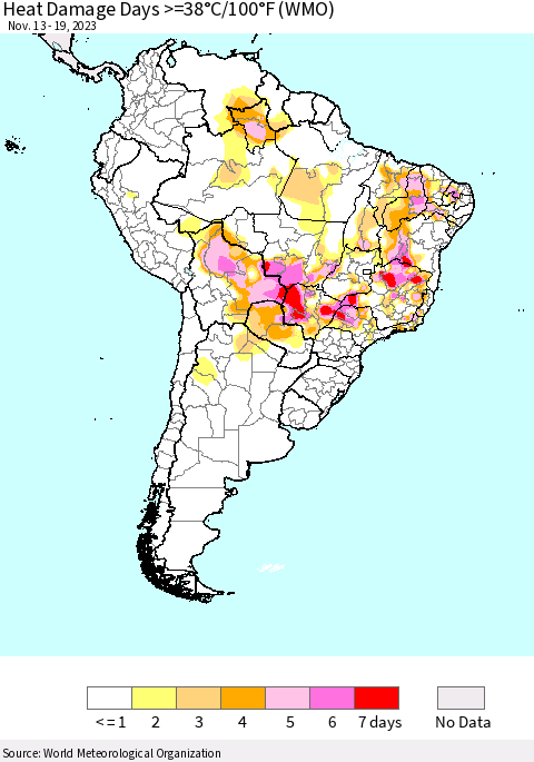 South America Heat Damage Days >=38°C/100°F (WMO) Thematic Map For 11/13/2023 - 11/19/2023