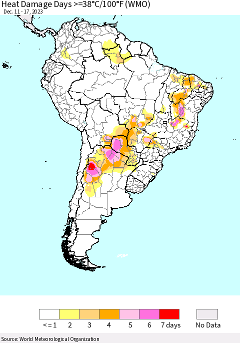 South America Heat Damage Days >=38°C/100°F (WMO) Thematic Map For 12/11/2023 - 12/17/2023