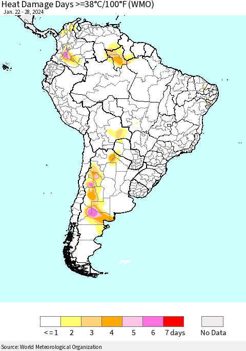 South America Heat Damage Days >=38°C/100°F (WMO) Thematic Map For 1/22/2024 - 1/28/2024