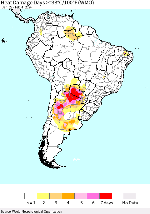 South America Heat Damage Days >=38°C/100°F (WMO) Thematic Map For 1/29/2024 - 2/4/2024