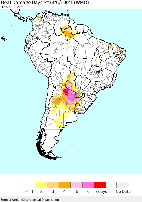 South America Heat Damage Days >=38°C/100°F (WMO) Thematic Map For 2/5/2024 - 2/11/2024
