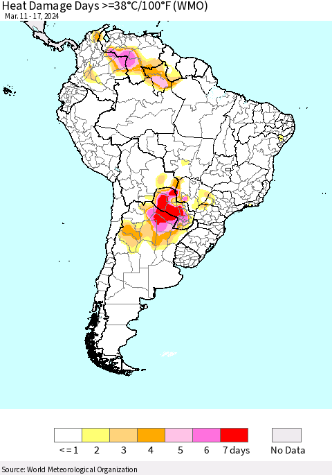 South America Heat Damage Days >=38°C/100°F (WMO) Thematic Map For 3/11/2024 - 3/17/2024