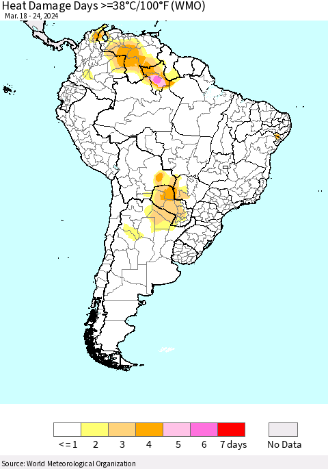 South America Heat Damage Days >=38°C/100°F (WMO) Thematic Map For 3/18/2024 - 3/24/2024
