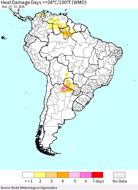 South America Heat Damage Days >=38°C/100°F (WMO) Thematic Map For 3/25/2024 - 3/31/2024