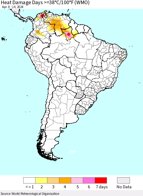 South America Heat Damage Days >=38°C/100°F (WMO) Thematic Map For 4/8/2024 - 4/14/2024