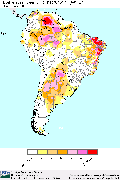 South America Heat Stress Days >=35°C/95°F (WMO) Thematic Map For 1/1/2018 - 1/7/2018