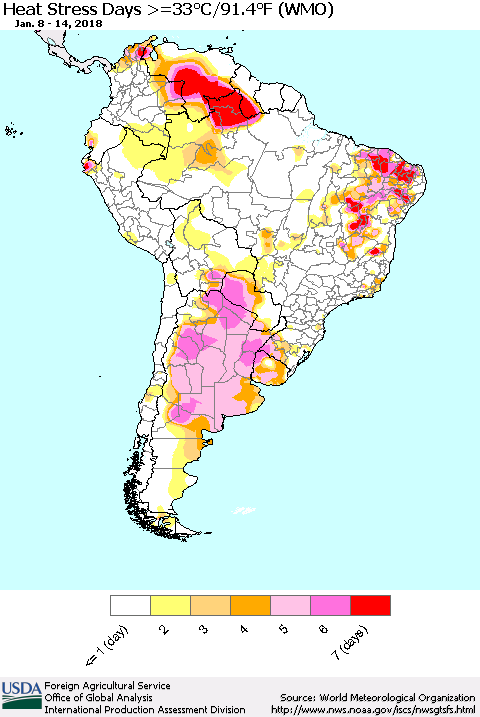 South America Heat Stress Days >=35°C/95°F (WMO) Thematic Map For 1/8/2018 - 1/14/2018