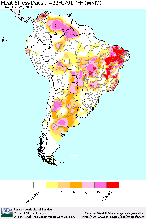 South America Heat Stress Days >=35°C/95°F (WMO) Thematic Map For 1/15/2018 - 1/21/2018