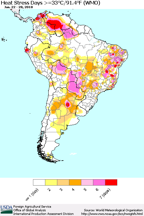 South America Heat Stress Days >=35°C/95°F (WMO) Thematic Map For 1/22/2018 - 1/28/2018