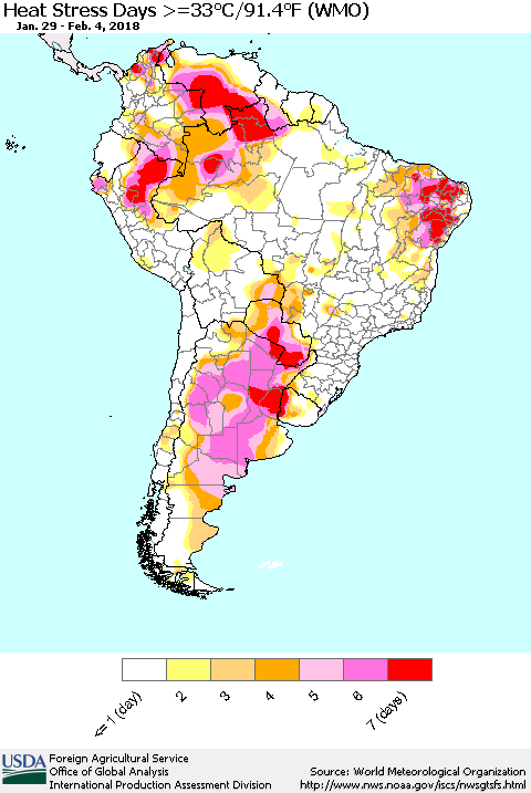 South America Heat Stress Days >=35°C/95°F (WMO) Thematic Map For 1/29/2018 - 2/4/2018