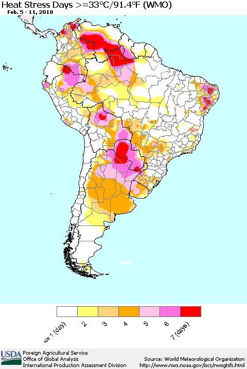 South America Heat Stress Days >=35°C/95°F (WMO) Thematic Map For 2/5/2018 - 2/11/2018