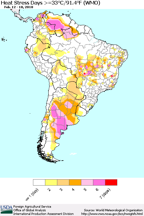 South America Heat Stress Days >=35°C/95°F (WMO) Thematic Map For 2/12/2018 - 2/18/2018