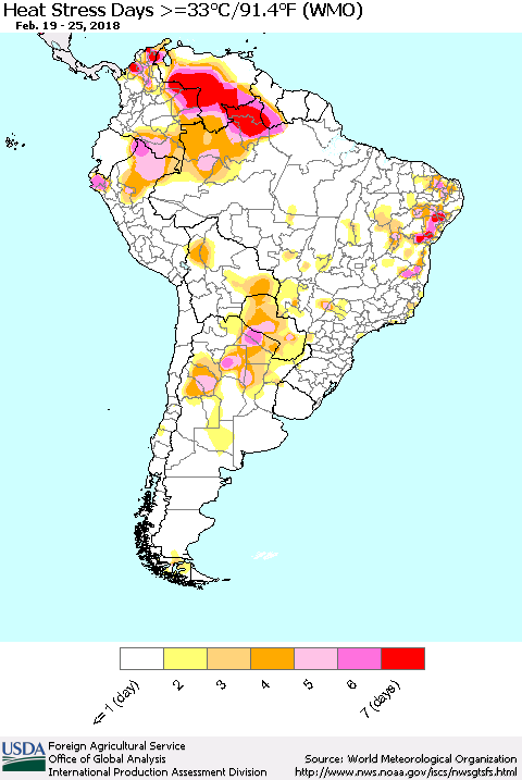 South America Heat Stress Days >=35°C/95°F (WMO) Thematic Map For 2/19/2018 - 2/25/2018