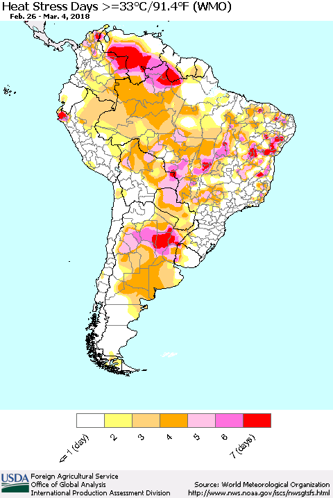 South America Heat Stress Days >=35°C/95°F (WMO) Thematic Map For 2/26/2018 - 3/4/2018