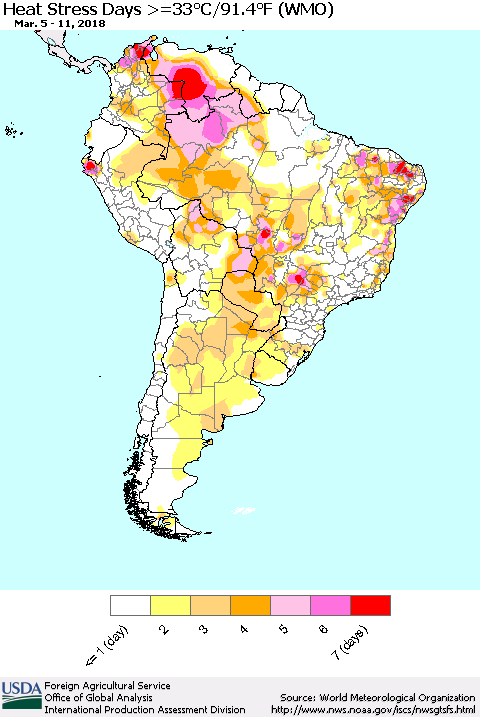 South America Heat Stress Days >=35°C/95°F (WMO) Thematic Map For 3/5/2018 - 3/11/2018