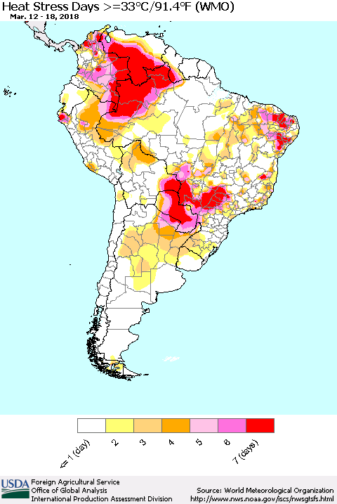 South America Heat Stress Days >=35°C/95°F (WMO) Thematic Map For 3/12/2018 - 3/18/2018