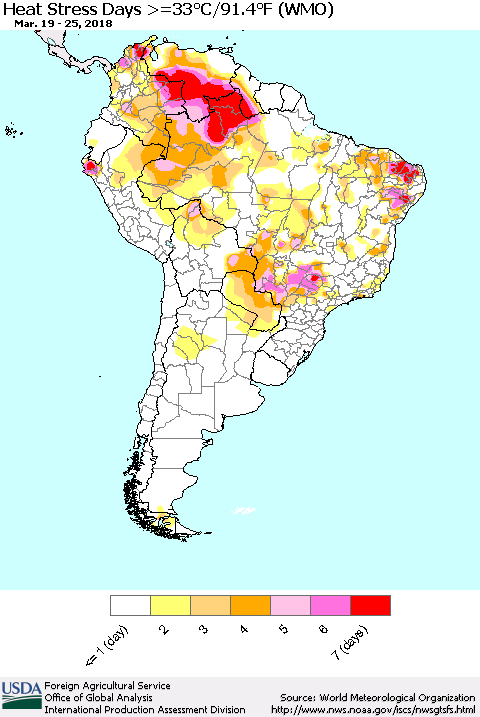 South America Heat Stress Days >=35°C/95°F (WMO) Thematic Map For 3/19/2018 - 3/25/2018