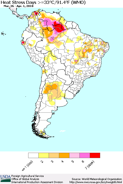 South America Heat Stress Days >=35°C/95°F (WMO) Thematic Map For 3/26/2018 - 4/1/2018