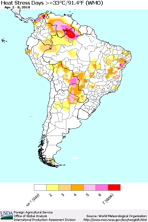 South America Heat Stress Days >=35°C/95°F (WMO) Thematic Map For 4/2/2018 - 4/8/2018