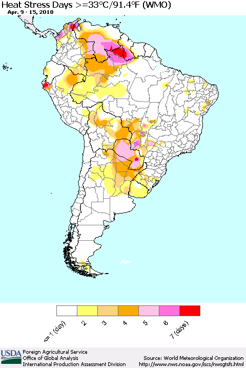 South America Heat Stress Days >=35°C/95°F (WMO) Thematic Map For 4/9/2018 - 4/15/2018