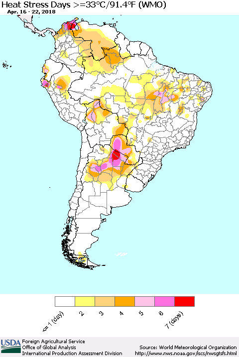 South America Heat Stress Days >=35°C/95°F (WMO) Thematic Map For 4/16/2018 - 4/22/2018