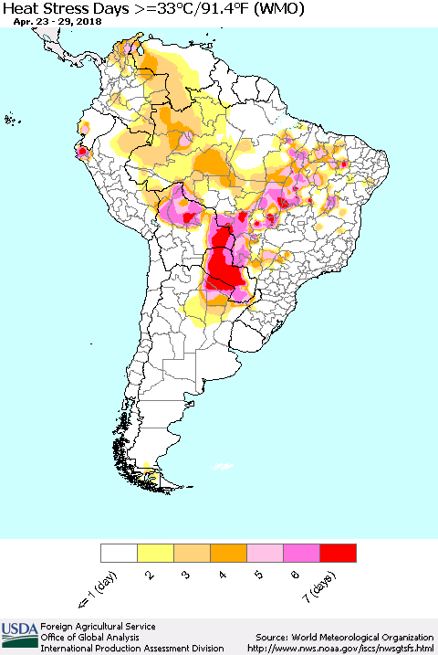 South America Heat Stress Days >=35°C/95°F (WMO) Thematic Map For 4/23/2018 - 4/29/2018