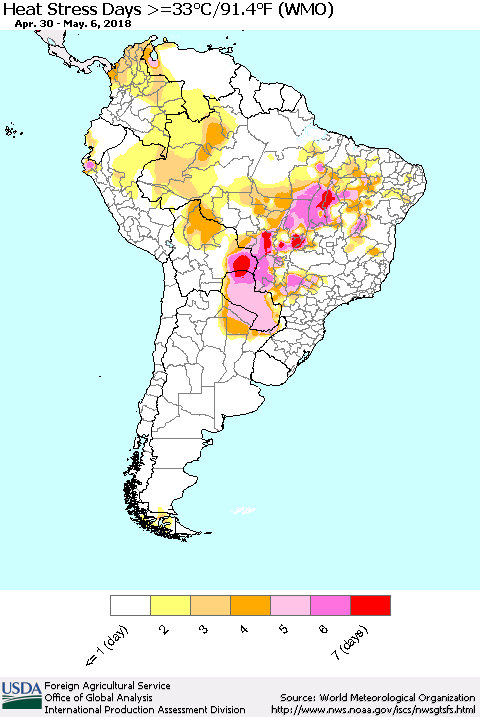 South America Heat Stress Days >=35°C/95°F (WMO) Thematic Map For 4/30/2018 - 5/6/2018
