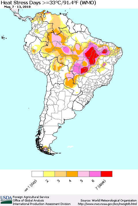 South America Heat Stress Days >=35°C/95°F (WMO) Thematic Map For 5/7/2018 - 5/13/2018