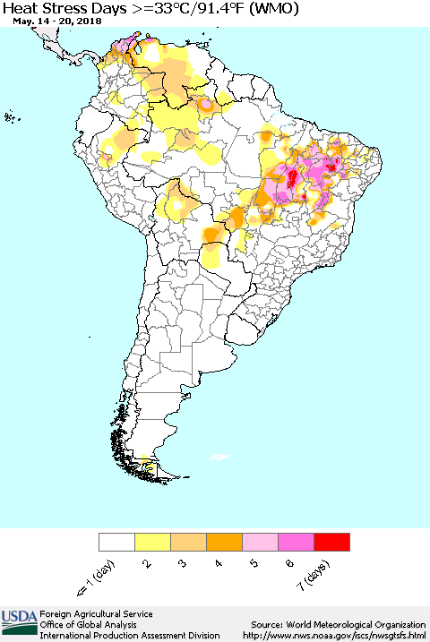 South America Heat Stress Days >=35°C/95°F (WMO) Thematic Map For 5/14/2018 - 5/20/2018