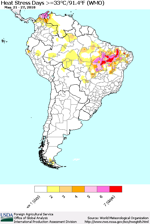 South America Heat Stress Days >=35°C/95°F (WMO) Thematic Map For 5/21/2018 - 5/27/2018