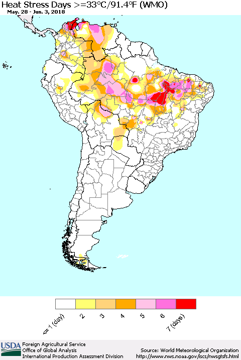 South America Heat Stress Days >=35°C/95°F (WMO) Thematic Map For 5/28/2018 - 6/3/2018
