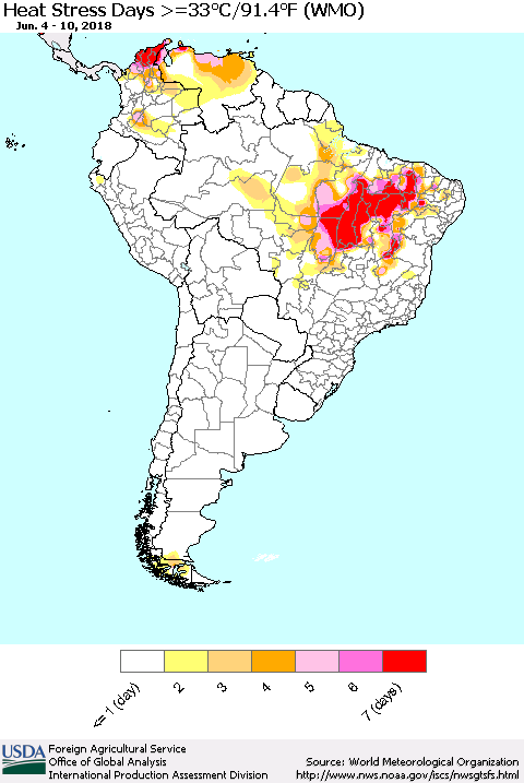 South America Heat Stress Days >=35°C/95°F (WMO) Thematic Map For 6/4/2018 - 6/10/2018