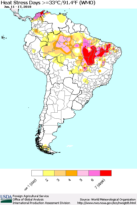 South America Heat Stress Days >=35°C/95°F (WMO) Thematic Map For 6/11/2018 - 6/17/2018