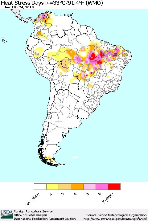 South America Heat Stress Days >=35°C/95°F (WMO) Thematic Map For 6/18/2018 - 6/24/2018
