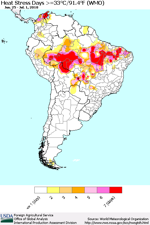 South America Heat Stress Days >=35°C/95°F (WMO) Thematic Map For 6/25/2018 - 7/1/2018