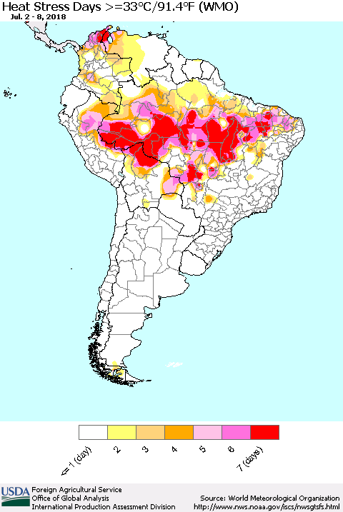 South America Heat Stress Days >=35°C/95°F (WMO) Thematic Map For 7/2/2018 - 7/8/2018