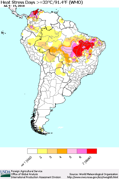 South America Heat Stress Days >=35°C/95°F (WMO) Thematic Map For 7/9/2018 - 7/15/2018