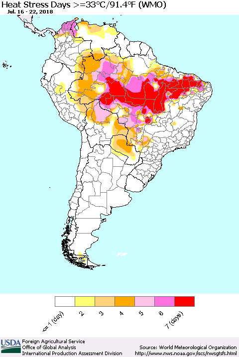 South America Heat Stress Days >=35°C/95°F (WMO) Thematic Map For 7/16/2018 - 7/22/2018