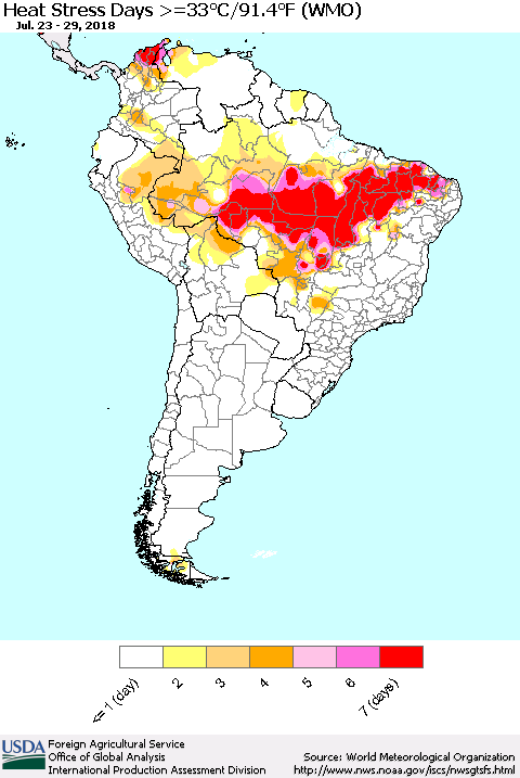 South America Heat Stress Days >=35°C/95°F (WMO) Thematic Map For 7/23/2018 - 7/29/2018