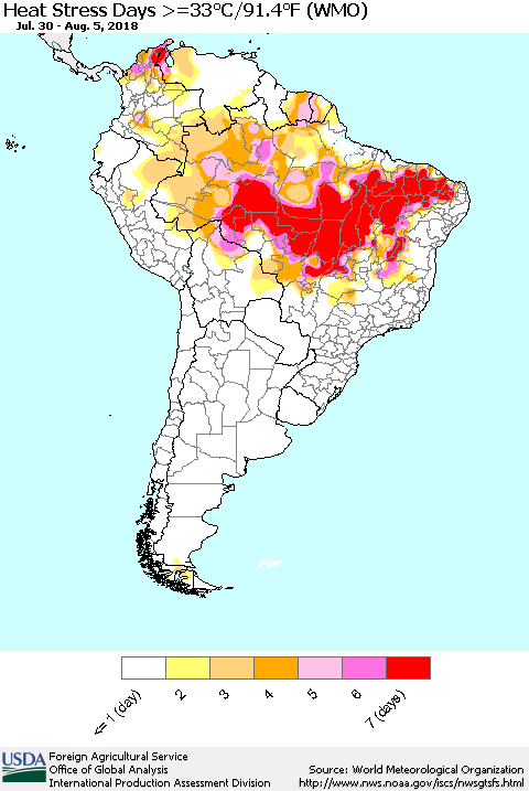 South America Heat Stress Days >=35°C/95°F (WMO) Thematic Map For 7/30/2018 - 8/5/2018