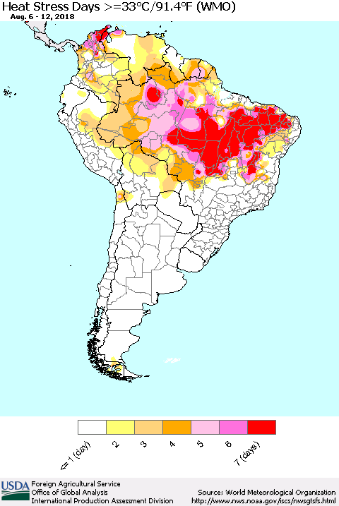 South America Heat Stress Days >=35°C/95°F (WMO) Thematic Map For 8/6/2018 - 8/12/2018