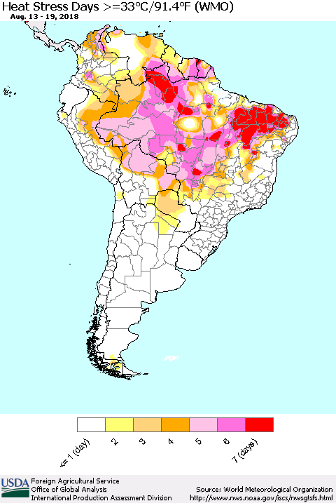 South America Heat Stress Days >=35°C/95°F (WMO) Thematic Map For 8/13/2018 - 8/19/2018