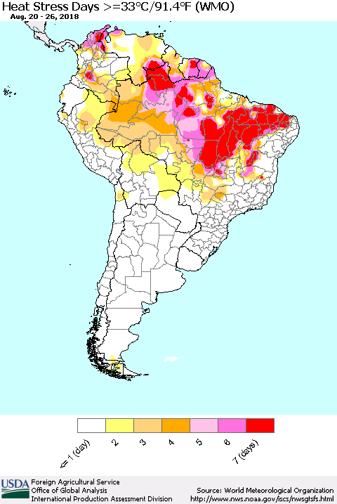 South America Heat Stress Days >=35°C/95°F (WMO) Thematic Map For 8/20/2018 - 8/26/2018