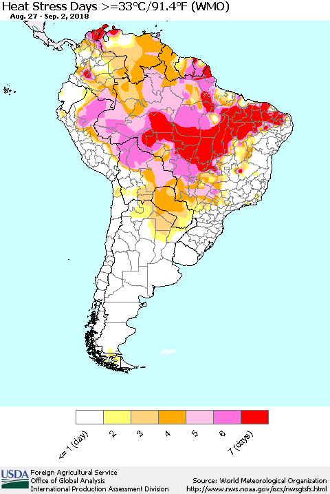 South America Heat Stress Days >=35°C/95°F (WMO) Thematic Map For 8/27/2018 - 9/2/2018