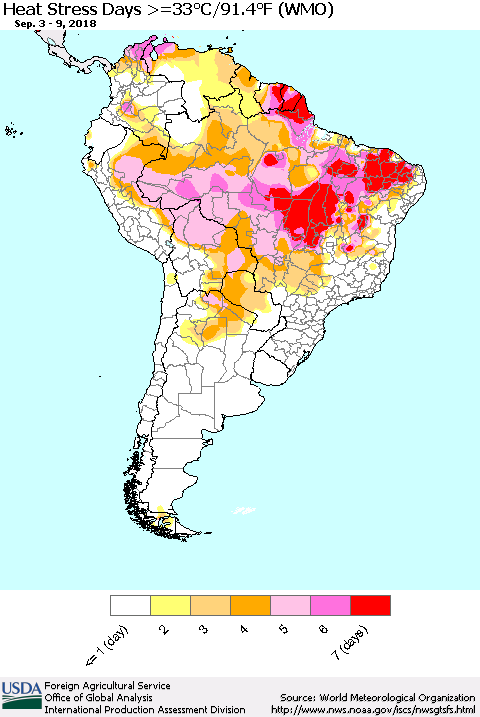South America Heat Stress Days >=35°C/95°F (WMO) Thematic Map For 9/3/2018 - 9/9/2018